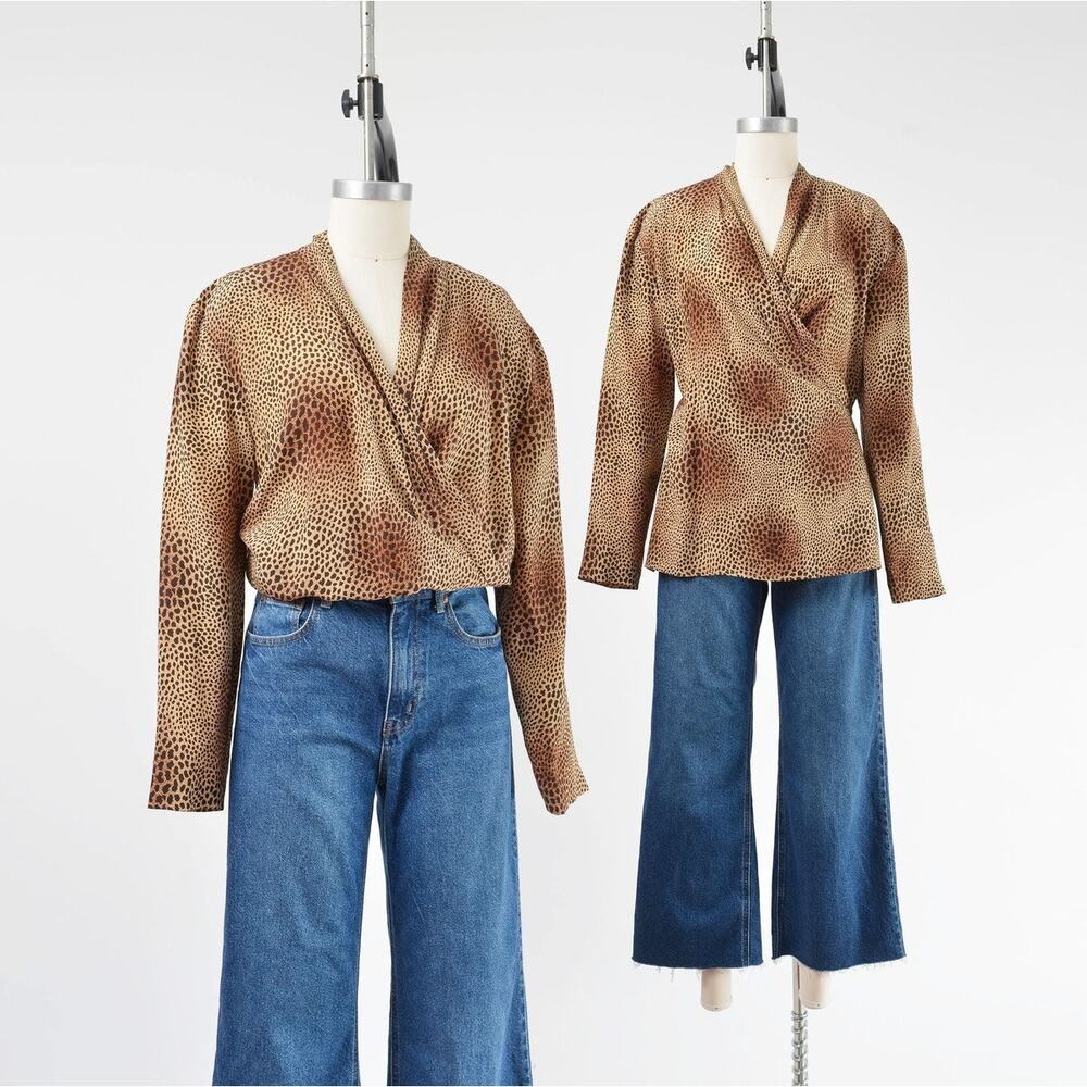 Vintage 80s Silk Animal Print Blouse Leopard Wrap Top Button Back Safari M L